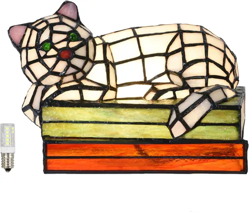 Vista 9 de A0013 - Lámpara de mesa estilo Tiffany con diseño de gato dormido, 11.5 pulgadas de largo x 7.125 pulgadas de ancho x 5.5 pulgadas de alto, luz