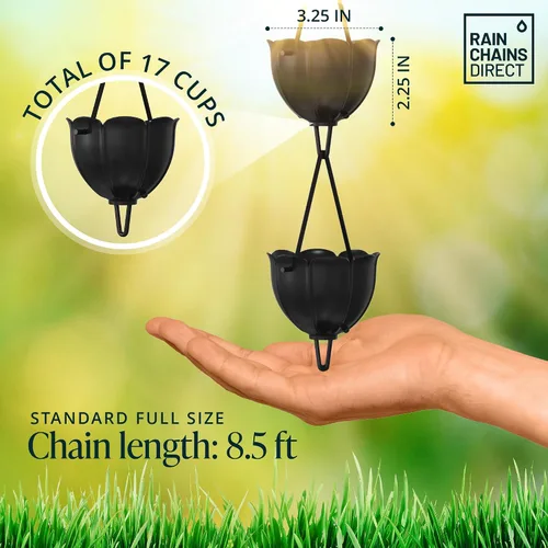 Vista 3 de Rain Chains Direct - Cadena de lluvia de tulipán - 8.5 pies - Aluminio recubierto de polvo negro - Cadenas de lluvia premium para canalones