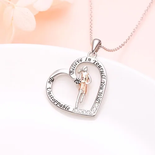 Vista 3 de Ladytree Collar con colgante de corazón de plata de ley 925 grabada para niña, tocando violín, violonchelo, saxofón, baloncesto, voleibol, regalo