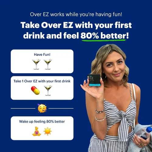 Vista 7 de OVER EZ Suplemento de prebebida - [$1.30 x porción] Píldoras de recuperación y prevención de fiestas para una salida nocturna y mejores mañanas