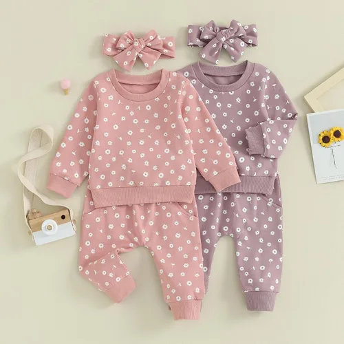 Vista 2 de Ropa para bebé recién nacida, atuendo de margaritas, camiseta de manga larga, pantalones, ropa de otoño e invierno
