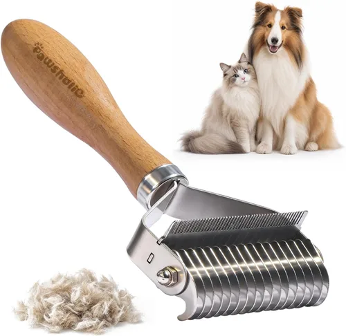 Vista 9 de Rastrillo de capa interior para perros, peine profesional para desenmascarar mascotas con mango de madera, cuchillas de acero inoxidable