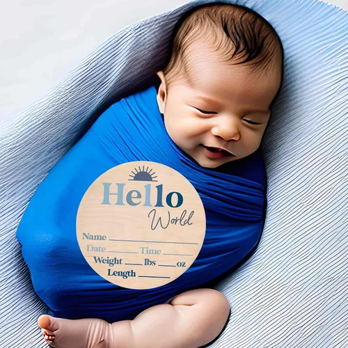 Vista 4 de Letrero de recién nacido "Hello World" - Placa de anuncio de nacimiento con nombre de bebé para hospital - Accesorio para fotos - Decoración