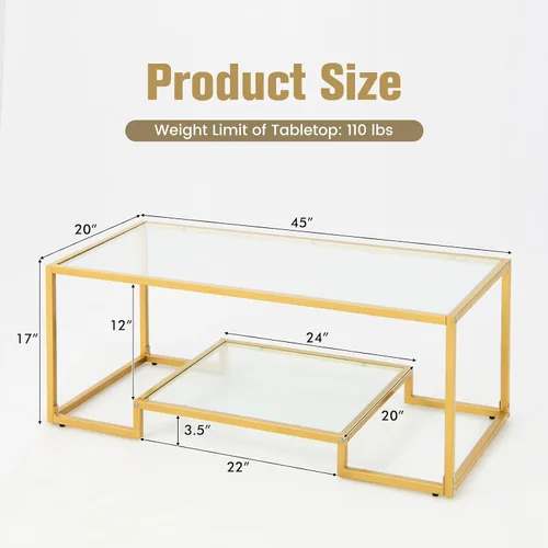 Vista 3 de COSTWAY Mesa auxiliar de cristal de 45 pulgadas, mesa decorativa rectangular de 2 niveles con estante de almacenamiento y marco de metal dorado