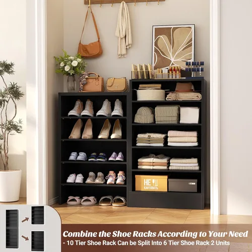 Vista 5 de Aheaplus Armario alto para zapatos, zapatero estrecho de madera de 10 niveles, organizador de almacenamiento de zapatos con almacenamiento abierto