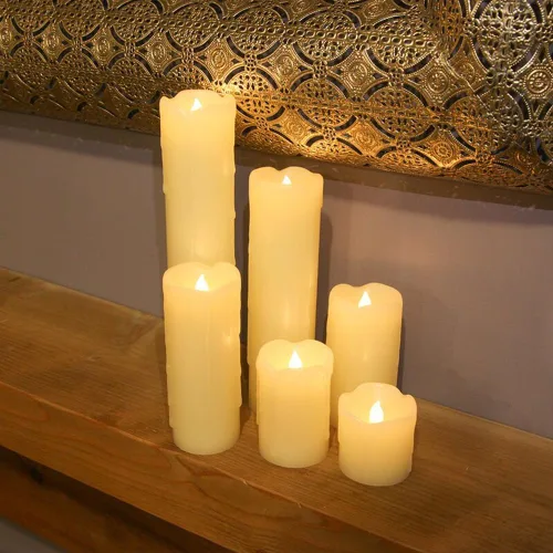 Vista 6 de Velas parpadeantes sin llama que funcionan con pilas (batería incluida) con temporizador de 6 horas, juego de 6 velas LED de cera goteante