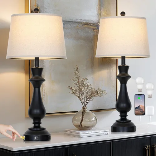 Vista 13 de Moderna lámpara de mesa plateada para sala de estar, lámpara de noche de 30 pulgadas de alto con puerto de carga USB, lámpara de mesita de noche