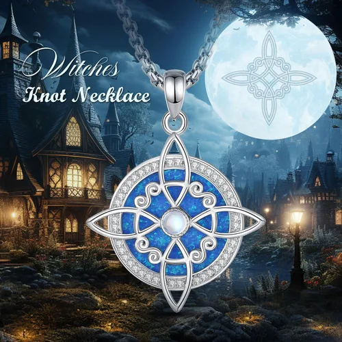 Vista 4 de EUDORA Collar de plata de ley S925 con nudo de brujas con tetragrammaton pentagrama, rueda de Hekate, Lilith Moon Witchy colgante para mujer