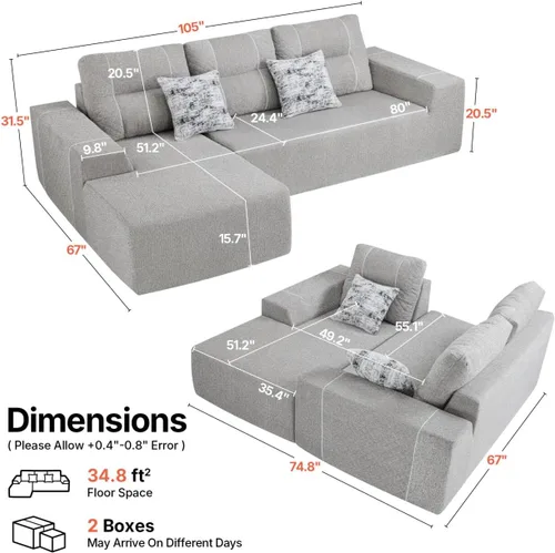 Vista 10 de MCombo Sofás modulares sin hueso de 105 pulgadas para sala de estar, sofá cama modular modular convertible, sofá cama con cojín similar al látex
