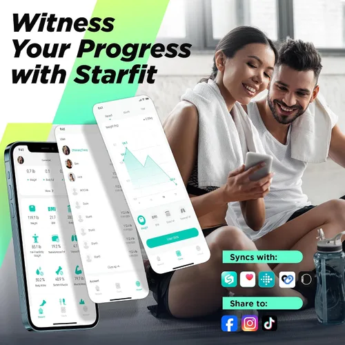 Vista 5 de RunStar - Báscula inteligente para peso corporal, báscula digital de baño de alta precisión con pantalla grande para IMC, frecuencia cardíaca y masa