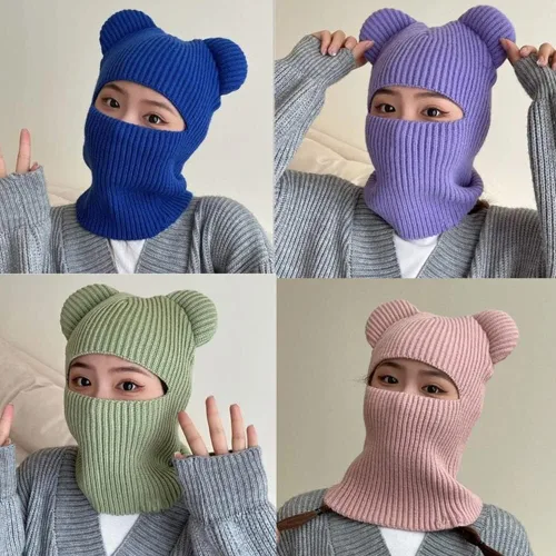 Vista 2 de Gorro de invierno cálido con capucha, pasamontañas, gorro de punto con calavera para mujeres y niñas