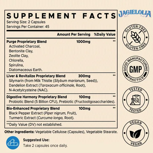 Vista 3 de Jagielolia Suplemento Detoxificador Todo en Uno 1500 MG - Alta Biodisponibilidad, Limpieza Detox del Hígado y del Intestino con Carbón Activado