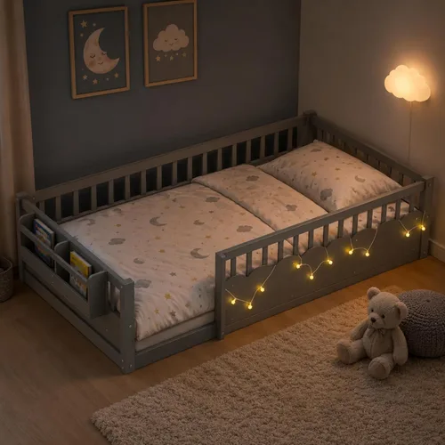 Vista 10 de Cama Montessori de tamaño matrimonial con barandillas, color gris