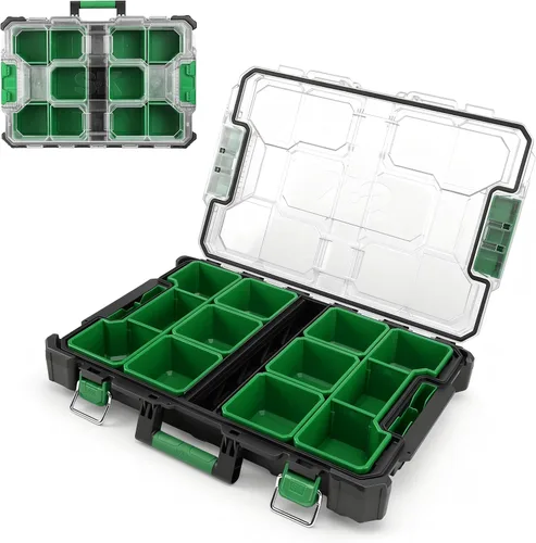 Vista 9 de SK Organizador de piezas pequeñas de 13.5 pulgadas, organizador de caja de herramientas apilable con 7 compartimentos y divisores extraíbles, tapa