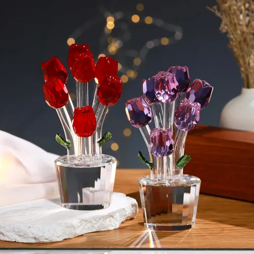 Vista 6 de Movdyka Figura de cristal de rosa roja con florero, ramo de flores, adorno de regalo para esposa, novia, mujer, flor de cristal hecha a mano
