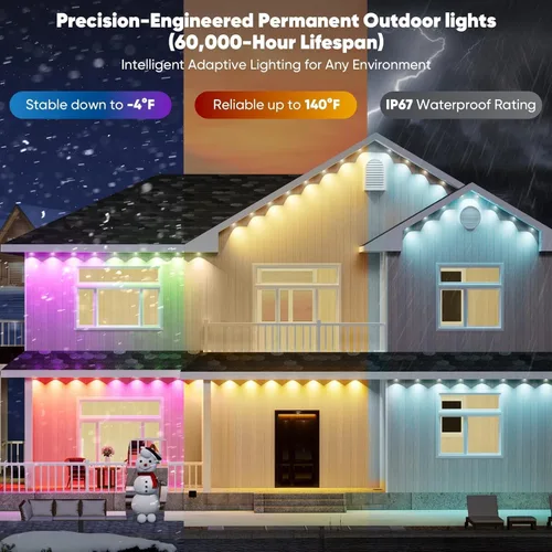 Vista 3 de Luces Permanentes para Exterior, 15 metros RGB + IC Luces LED Inteligentes para Aleros con Aplicación y Control Remoto, IP67 Impermeables