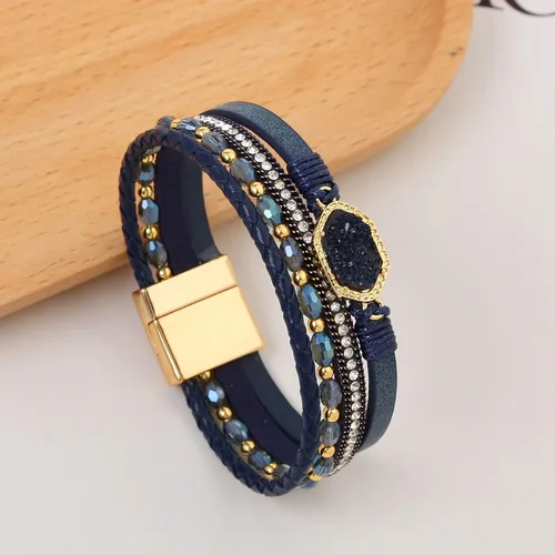 Vista 2 de Jewbelet - Pulsera de cuero estilo bohemio con cuentas de cristal con cierre de joyería para mujer
