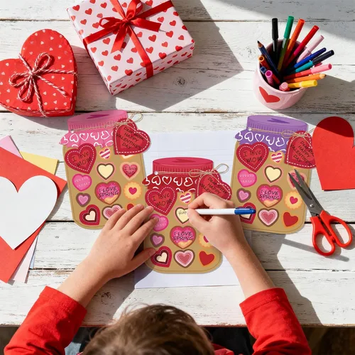 Vista 4 de Juego de 30 tarjetas de regalo para el día de San Valentín, tarro de San Valentín, kit de manualidades con calcomanías de corazón, haz tu propia