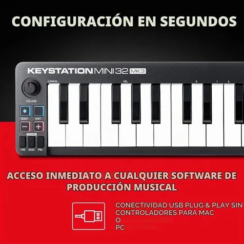 Vista 5 de M-AUDIO Keystation Mini 32 MK3 controlador de teclado MIDI USB con 32 teclas mini sensibles a la velocidad y software de grabación incluido