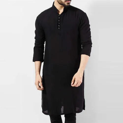 Vista 2 de Camisa de estilo árabe de moda para hombre, manga larga, botón de cuello alto, pulóver, bata musulmana sólida, Thobe largo
