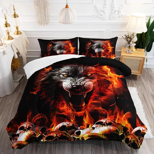 Vista 23 de AILONEN Juego de edredón con cabeza de lobo impresa tamaño individual, juego de ropa de cama de lobo para la noche para niños y hombres, juego