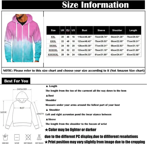 Vista 4 de Hoodies For Men Zip Up Streetwear Gradient Tie Dye Print Hooded Casual Gym Sweatshirt Workout Cotton Pullover