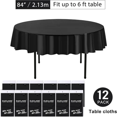 Vista 2 de Eleclassi Negro Paquete de 12 Manteles Redondos de Plástico Desechables Premium - Manteles de Mesa de Plástico Redondos de 84 Pulgadas para Fiestas