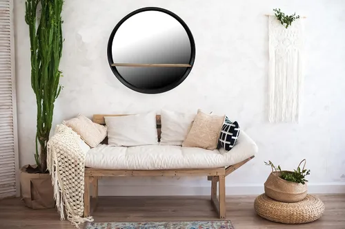 Vista 4 de Creative Co-Op Espejo de pared redondo con marco de metal con estante de madera, negro y natural, 24 pulgadas