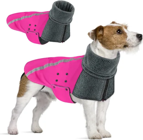 Vista 8 de SlowTon Abrigo de invierno para perro, cálida chaqueta para perros con forro polar para exteriores con bufanda de cuello alto, raya reflectante E.