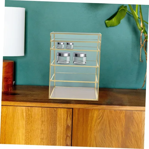 Vista 7 de Organizador de maquillaje de 5 capas, caja de almacenamiento de escritorio para lápiz labial, sombra de ojos, cosméticos, estética, cobre y vidrio