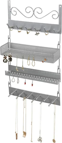 Vista 6 de MyGift Organizador de joyería colgante de metal plateado de 4 niveles con 18 ganchos, soporte para pendientes y collar, estante para exhibición