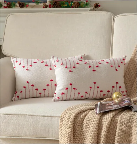 Vista 8 de Fundas de almohada boho de 12 x 20 pulgadas, juego de 2 almohadas decorativas para cama, fundas de almohada neutras color beige con línea negra