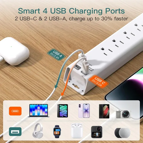 Vista 4 de Addtam Regleta protectora contra sobretensiones – Cable de extensión corto de 2 pies con 6 tomas de corriente y 4 puertos USB (2 USB C), montaje