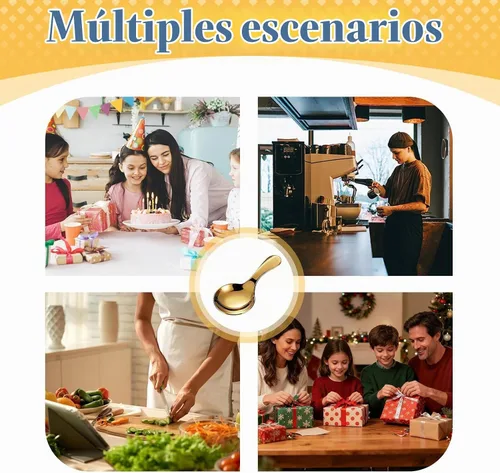 Vista 9 de 5 mini cucharas de helado para recipientes, mini cucharas doradas para servir dulces, acero inoxidable, mango corto, condimentos de sal, cucharas