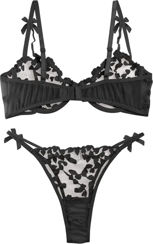 Vista 2 de Lilosy Sexy Underwire Lindo Push Up Strappy Bordado Malla Sheer Lencería Set Ver a Través Sujetador Panty, Lazo negro