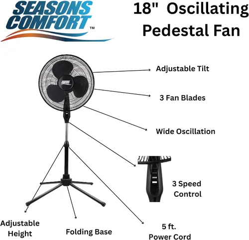 Vista 3 de Seasons Comfort Ventilador de pedestal oscilante de 18 pulgadas, 3 velocidades, altura ajustable, botones, silencioso, ventilador de refrigeración