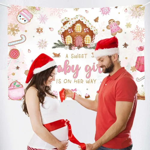 Vista 4 de MEHOFOND Fondo de Navidad de 7 x 5 pies para baby shower con texto en inglés "A Sweet Baby Girl is On Her Way", fondo de fotografía de copo de nieve