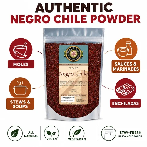 Vista 3 de Spice Appeal Polvo de Chile Ground Negro, sabor auténtico, bolsa de 4 onzas Bolsa resellable para topos, salsas y adobos complejos