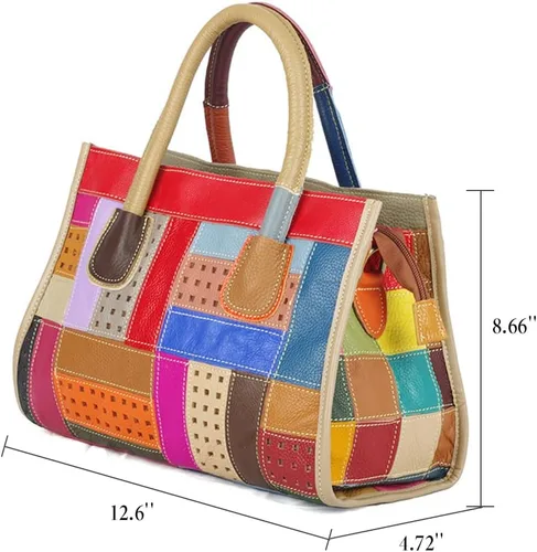 Vista 2 de Bolso de cuero retro para mujer, bolso de hombro de piel de vaca multicolor