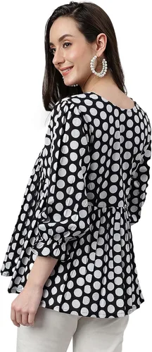 Vista 7 de Janasya Top Peplum de algodón negro con estampado de lunares para mujer india
