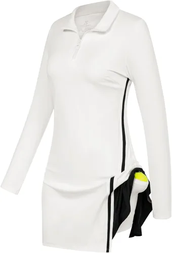 Vista 2 de JACK SMITH Vestido de tenis y golf para mujer, manga larga, con pantalones cortos y bolsillos, vestido atlético plisado, color de contraste, casual