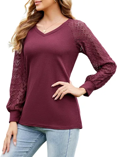 Vista 7 de MINTLIMIT Blusa de manga larga con encaje para mujer, estilo informal, elegante, de verano, holgada, de punto, cuello en V, sin botones Negro