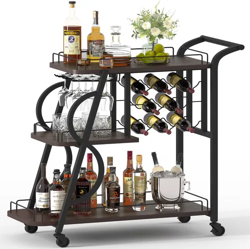 Vista 11 de Carrito de bar para el hogar, carrito de servicio de bar con ruedas, carritos de licor de 3 niveles con estante para vino y soporte para vidrio