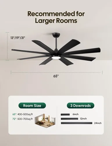 Vista 9 de 65 inch Smart Ceiling Fan with Light, 8 Black Solid Wood Blades, High CFM