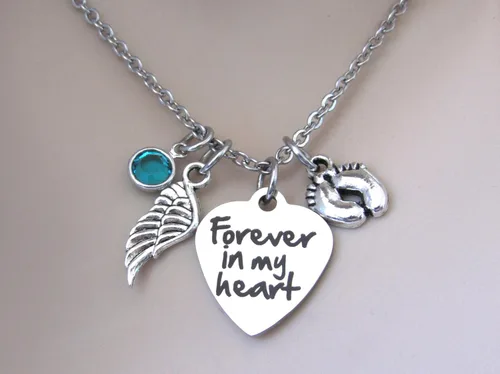 Vista 4 de Miscarriage "Forever In My Heart" Necklace with Angel Wing, Baby Feet & Birthstone, Child Loss Memorial, Miscarriage Jewelry - Loss of Child
