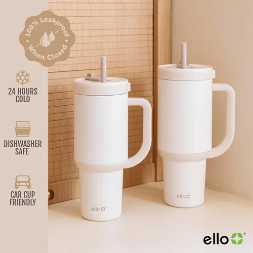 Vista 5 de Ello Oasis Vaso de 24 oz con asa y popote retráctil Taza reutilizable de acero inoxidable aislada 100% a prueba de fugas, regalos