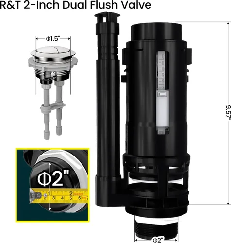 Vista 4 de R&T Válvula de descarga doble de 2 pulgadas con botón superior Kit de reparación de inodoro Tanque interior Kit de repuesto de válvula de descarga