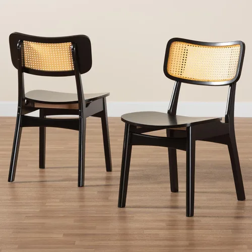 Vista 9 de Baxton Studio Tafari Mid-Century - Juego de sillas de comedor de 2 piezas con acabado marrón oscuro y ratán