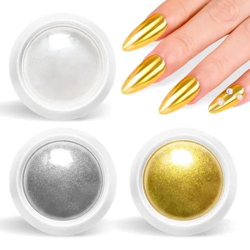 Vista 8 de Kit de polvo de uñas cromado y gel de uñas 3D BISHENGYF: 0.53 oz No Wipe 3D Sculpting Gel Aurora White Pearl Silver Gold Chrome Nail Powder