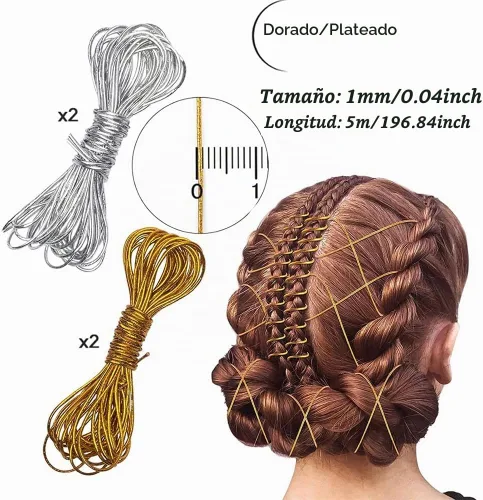 Vista 4 de 4 piezas de cordones elásticos de 16.4 ft, trenzas de rastas, accesorios para el cabello, cinta elástica de oropel metálico, hilo de joyería